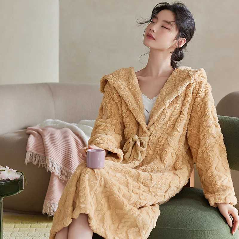 Lounge Women's Sleep Autumn Winter Hooded Women Coral Fleece Long Nightgown Sleepshirts Home Dress Sleepwear Keep Warm Nightdress Indoor Clothes  - view 3