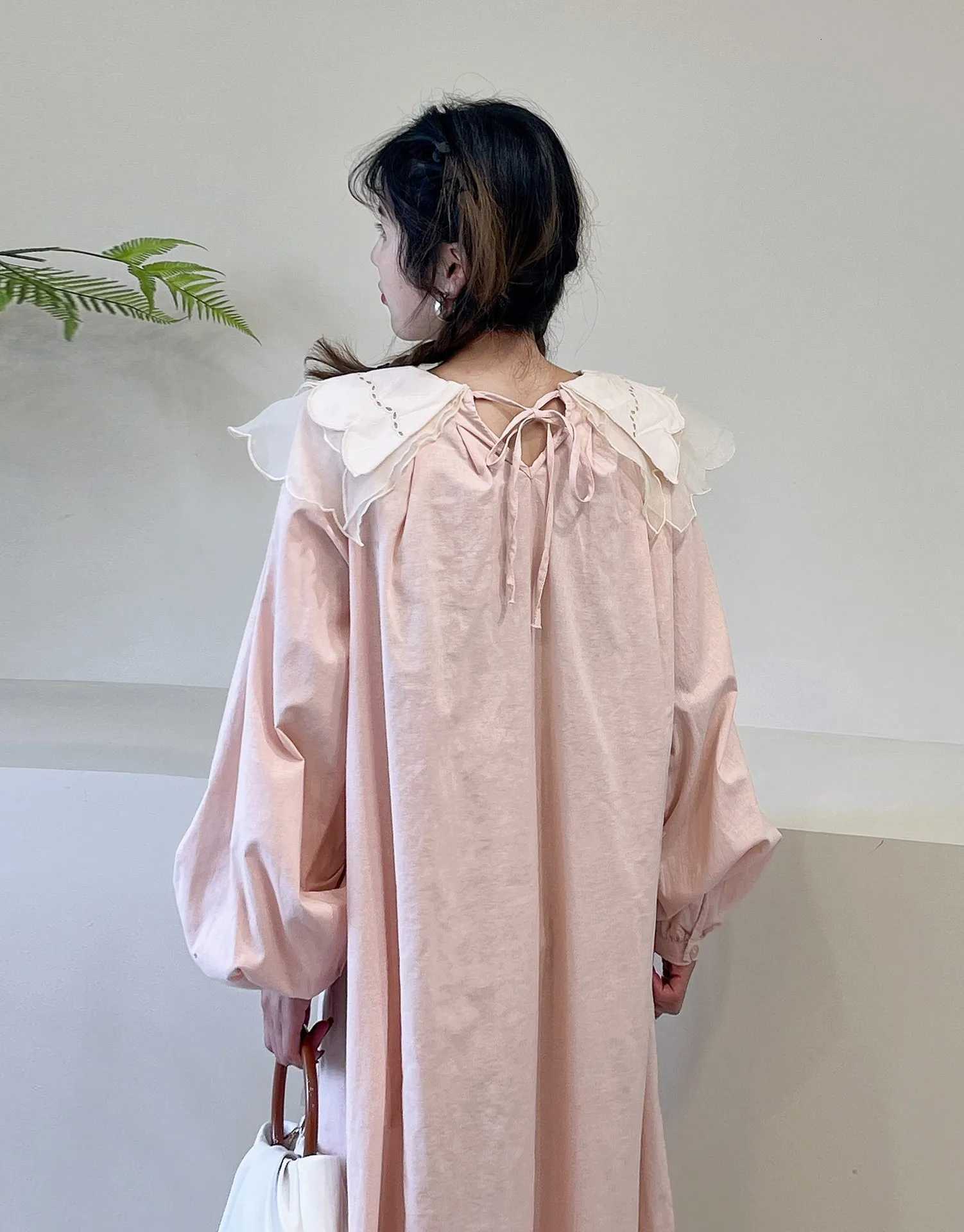 Lounge Women's Sleep Japanese Sweet Mori Girl Peter Pan Collar Patchwork Long Dress Women Spring Autumn Solid Color Long Sleeve Casual Loose Dres - view 6