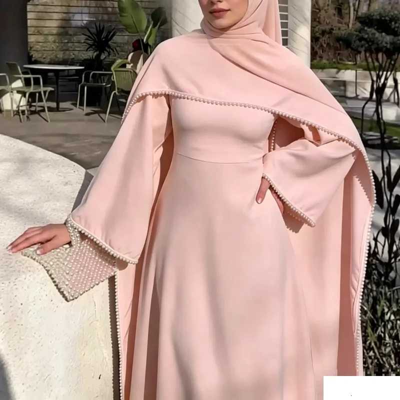 Sleep Lounge Women's White Pearl Trim Cape Maxi Dress Women Elegant Long Sleeve Cinched Waist Muslim Robes 2026 Spring EID Abaya Lady DressesC260 - view 6