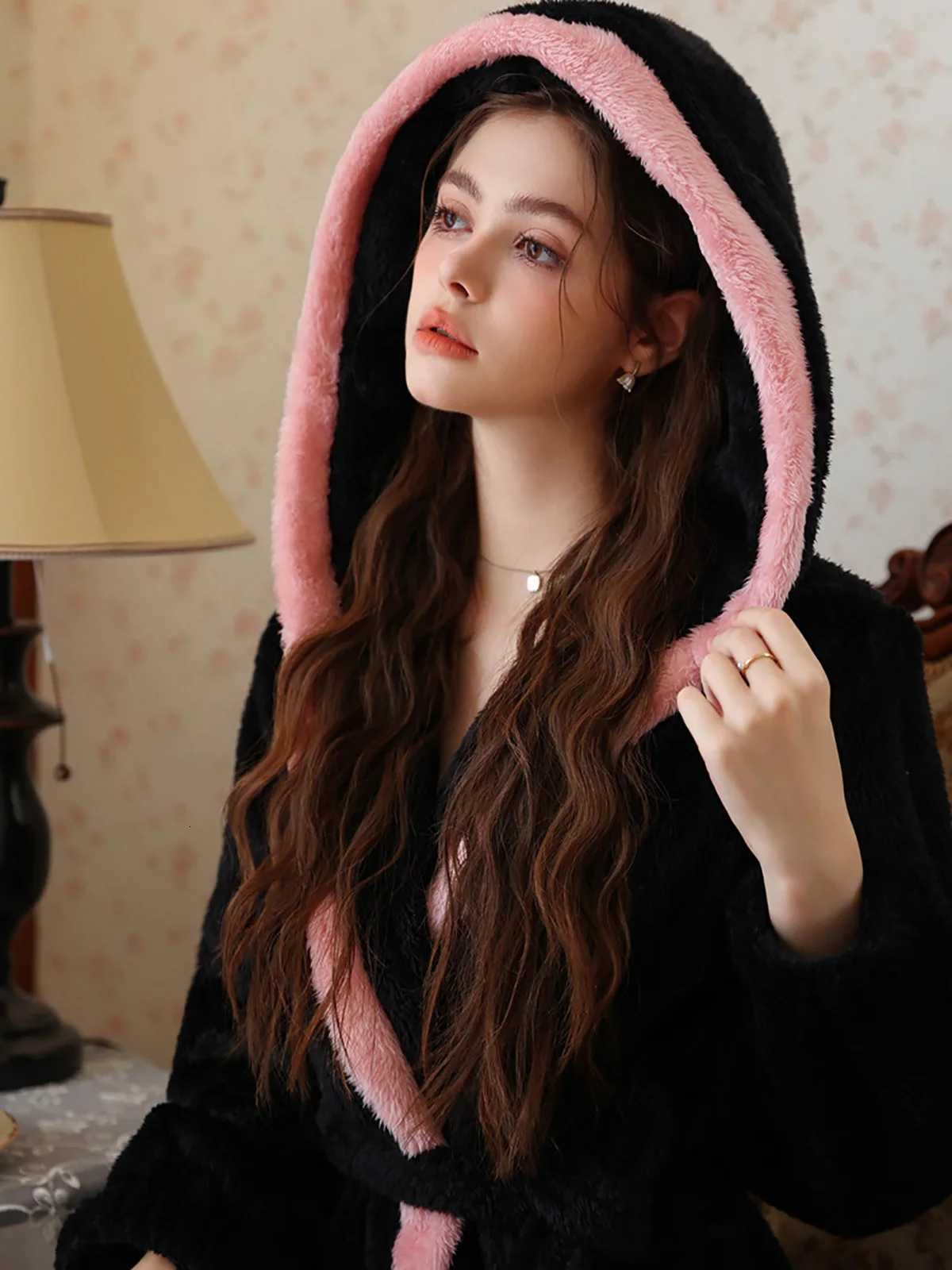 Lounge Women's Sleep Winter Women Long Sleeved Long Sleeved Thick Hooded Flannel Pajamas Sweet Princess French Loose Plus Size Girls BathrobeC260 - view 3