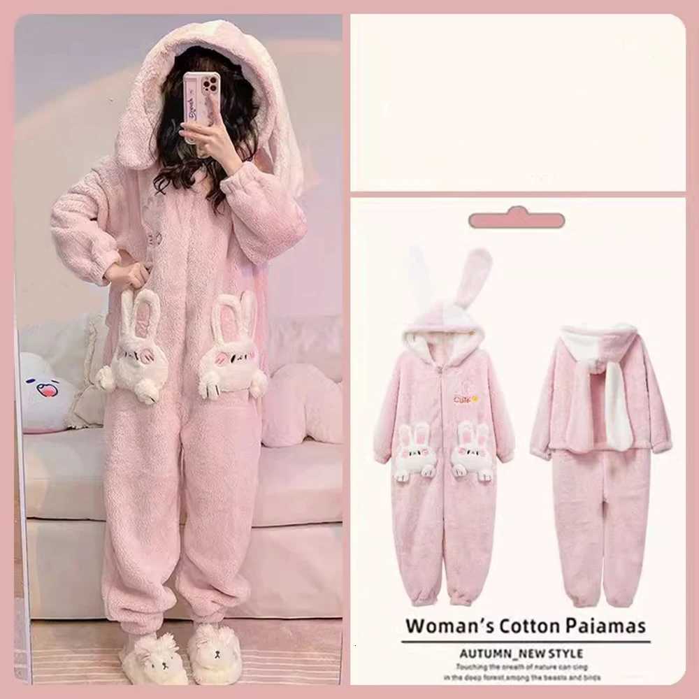Lounge Women's Sleep Thick Warm Flannel Winter Adult Animal Onesie Pajamas Pink Rabbit Sweet Lovely Women Cosplay Costume Sleepwear One-Piece Pyj - view 6