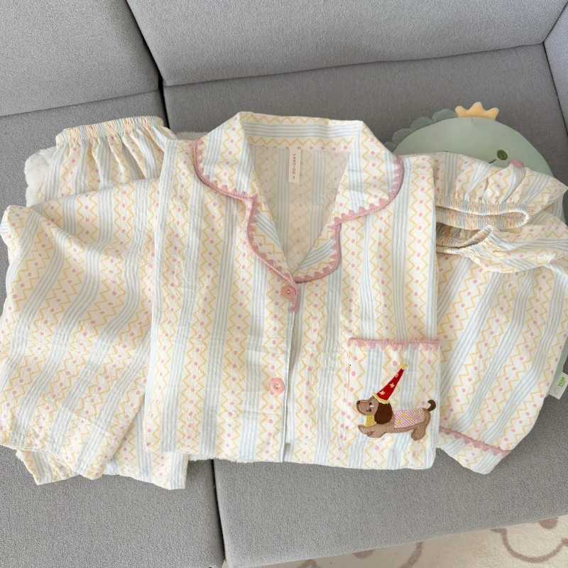 Women's Sleep Lounge New Spring Autumn Stripes Homwear Dachshund Embroidery Pajamas Women's Pajamas Collared Short-Sleeved Casual 3 Piece Pa