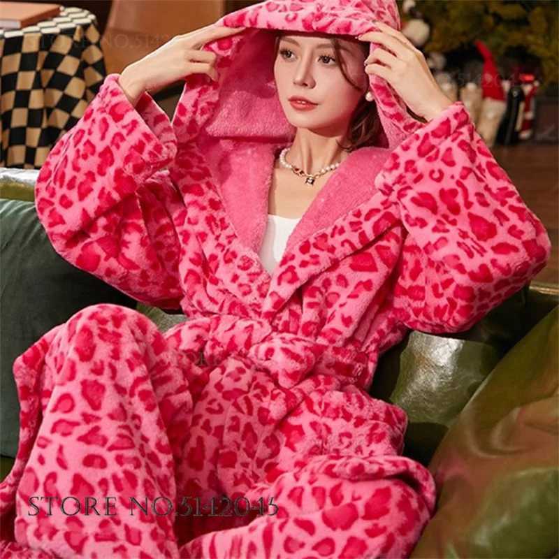 Sleep Lounge Women's Thicken Flannel Hooded Long Robe Pajamas Set Winter Women's Sleepwear Trouser Suits Sexy Leopard Coral Fleece Bathrobe  - view 5