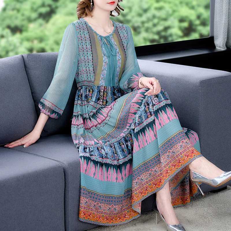 Sleep Lounge Women's 2025 Spring Boho Green Chiffon Beach Maxi Dress Autumn Vintage 4XL Plus Size Long Sleeve Women Dress Elegant Party VestidosC - view 3