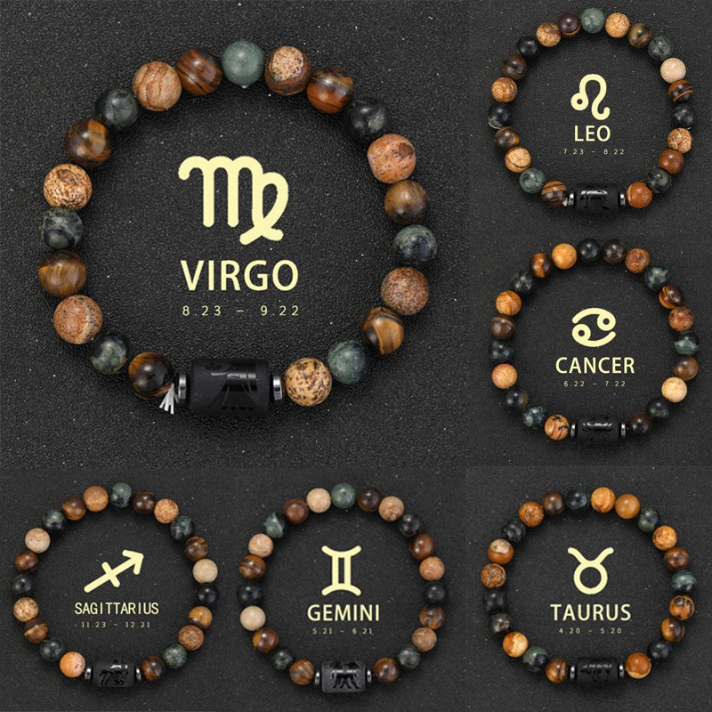 12 Zodiac Bracelets Natural Stone Cancer Virgo Leo Libra Bracelet Couples Friendship Gifts Bracelets Jewelry Pulsera Hombre 260924