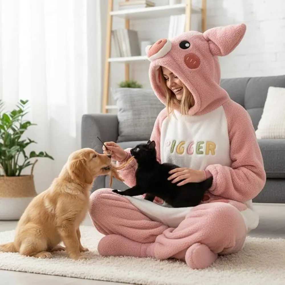 Lounge Women's Sleep Coral Fleece Pig Onesie Pajamas Piggy Pocket Detail Oversized Fit Adult Wearable Blanket 3D Ears Design Warm Lounger RobeC26
