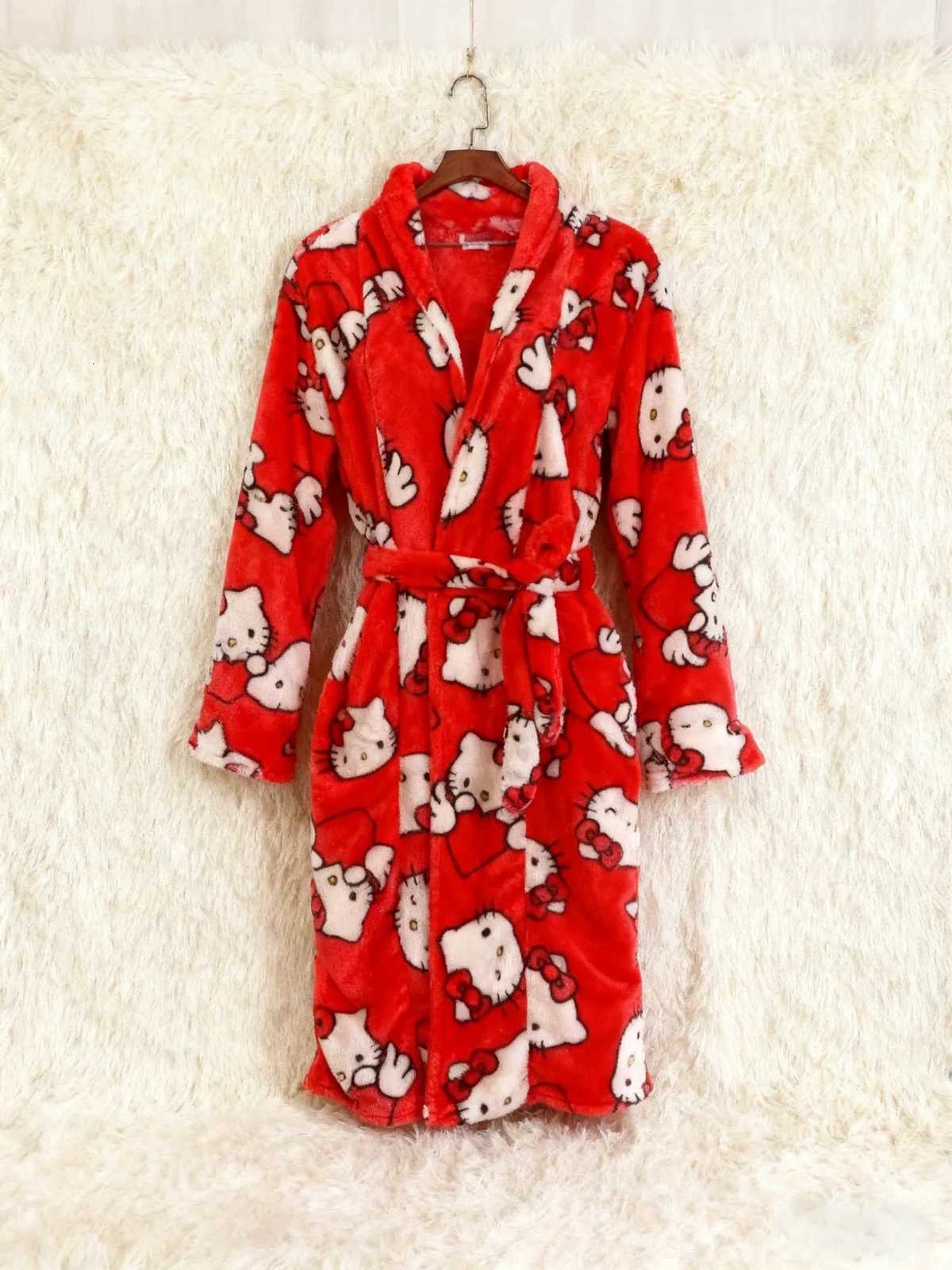Lounge Women's Sleep Hello Kitty flannel red bathrobe cute cartoon anime Y2K creative gift best friend outfit theme party outfitC260924 - view 4