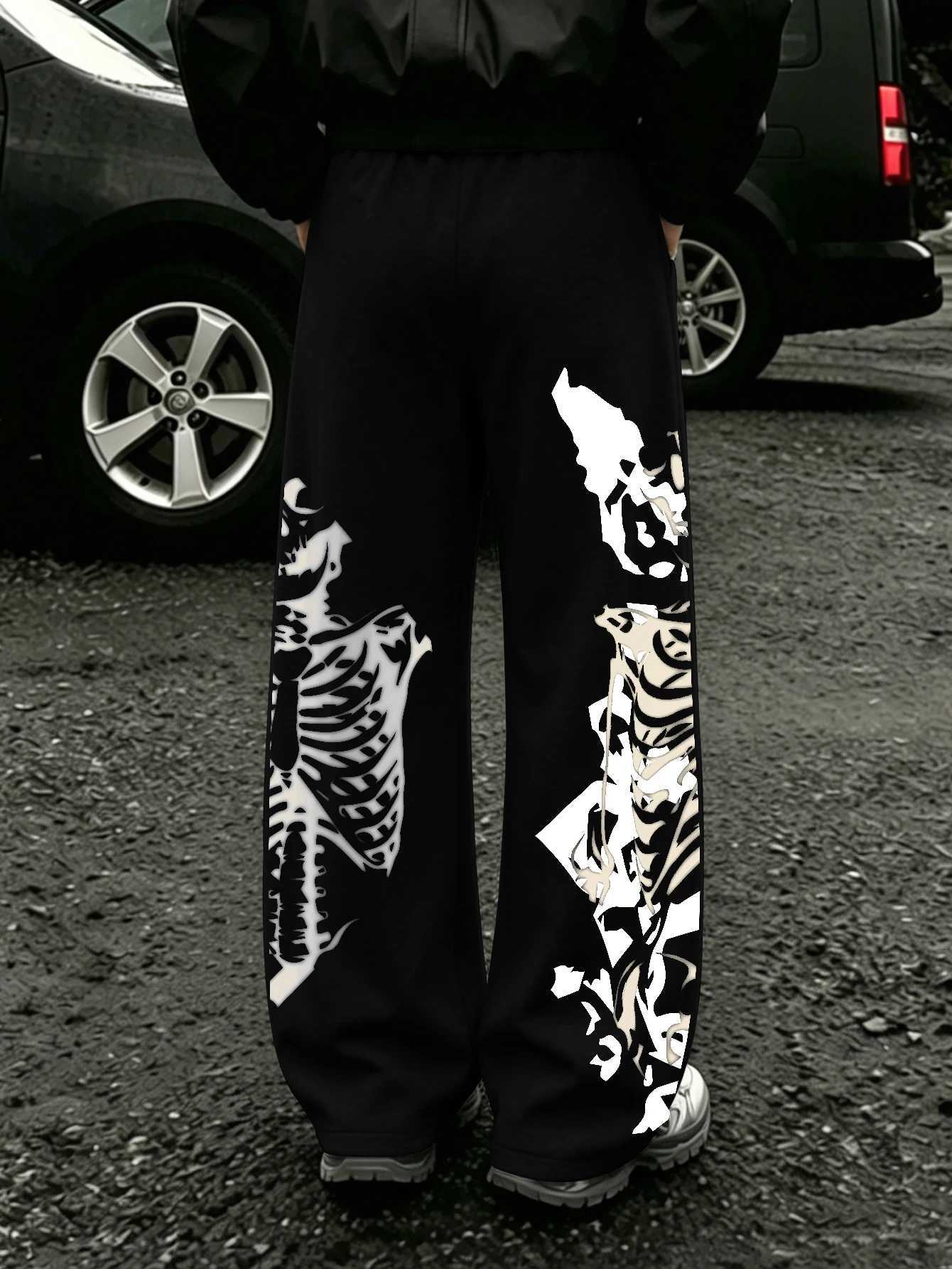 Men's Pants Men Skeleton Ribcage Graphic Wide Leg Sweatpants dr1 Loose Straight Baggy Gothic Streetwear Jogger Pants Black Grey D260924 - view 3