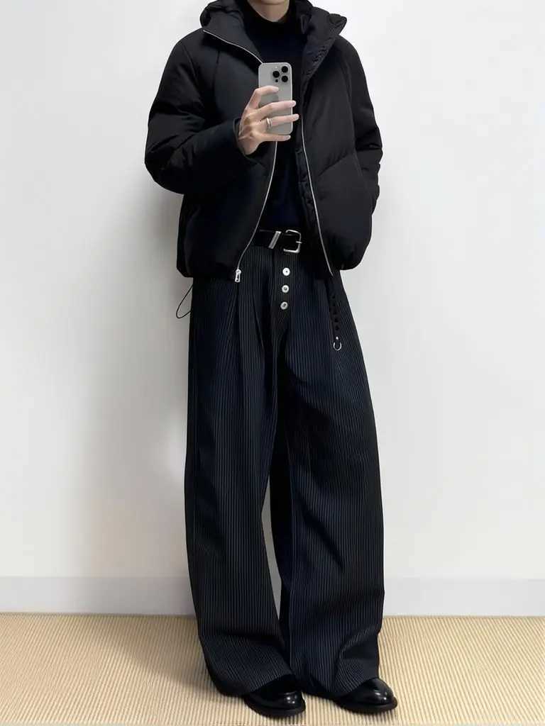 Men's Pants Old Money Men Wide Leg Suit Pants Casual High waist Button Dress Pants Fashion Streetwear Straight Long Trousers Work Wear D260924