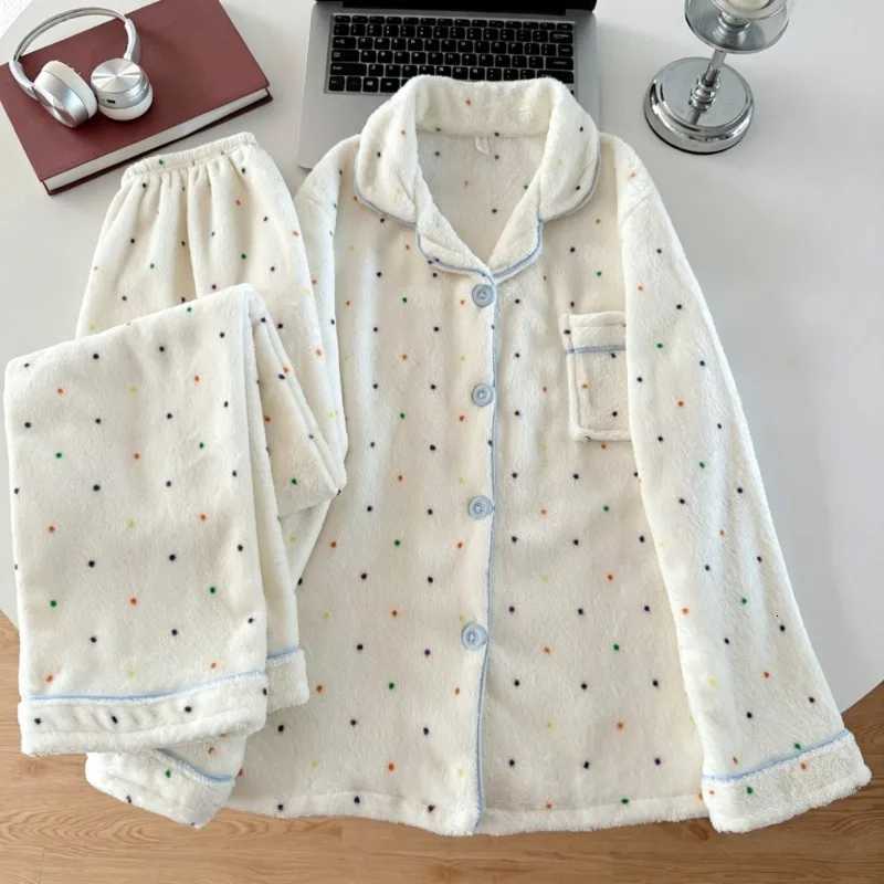 Women's Sleep Lounge Thickened Warm Winter Flannel Ladies Pajamas Top And Pants Nightwear Homewear Colorful Dot Print Women's Sleepwear Loun