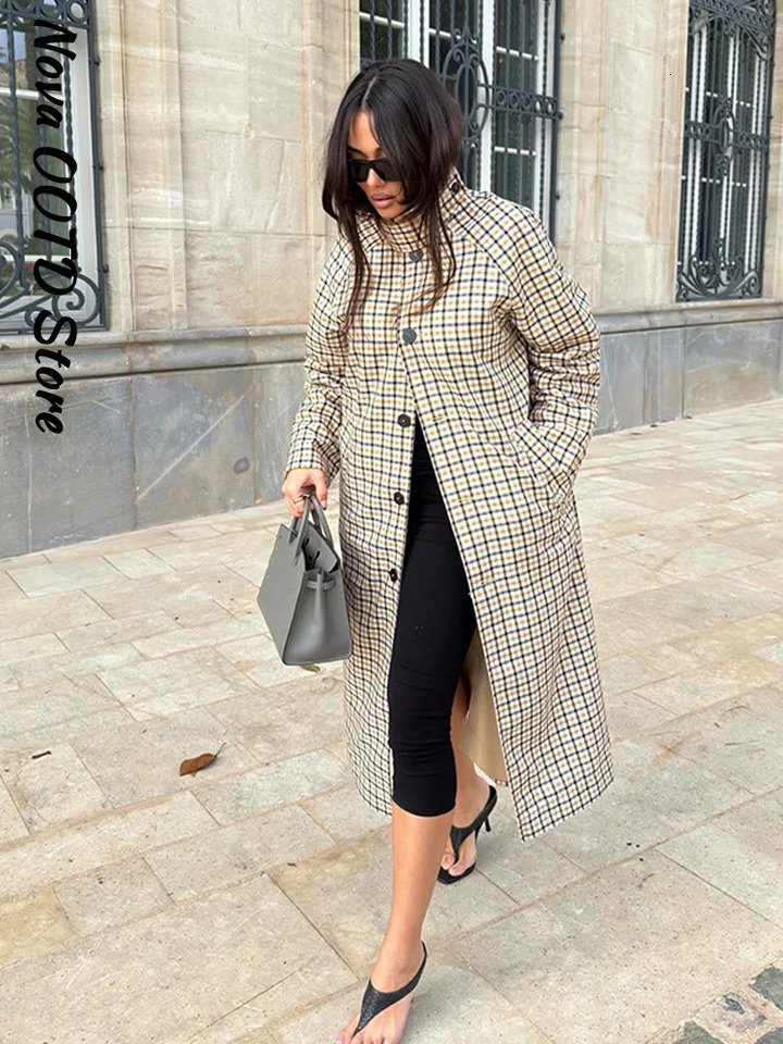 Fashion Reversible Plaid Long Trench Coat Women Single Breasted Long Windbreaker 2026 Spring Lady Classic Street Outwear 260924 - view 7