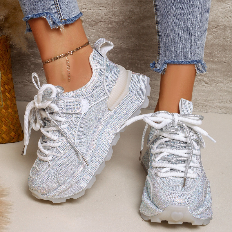 Womens Full Diamond Fashion luxury Sneakers Spring and Autumn New Round Toe Lace-up Non-slip Platform Sneakers High quality Casual Shoes Shining Night - view 3