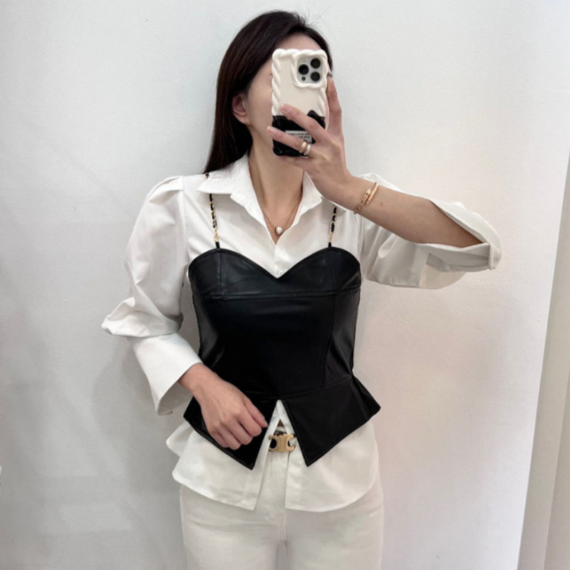 Elegant OL Style Shirt And PU Leather Vest Two-Piece Set Women's Fashion Design Turn-down Collar Trendy Autumn Collection - view 5