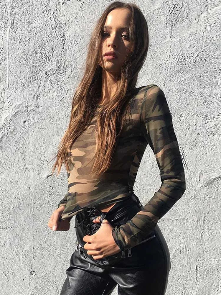Women Crop Tops Long Sleeve Camouflage Print Tees Tshirt Fashion Mesh See Through Ladies Sexy Short Summer Y2k Top 260928 - view 6