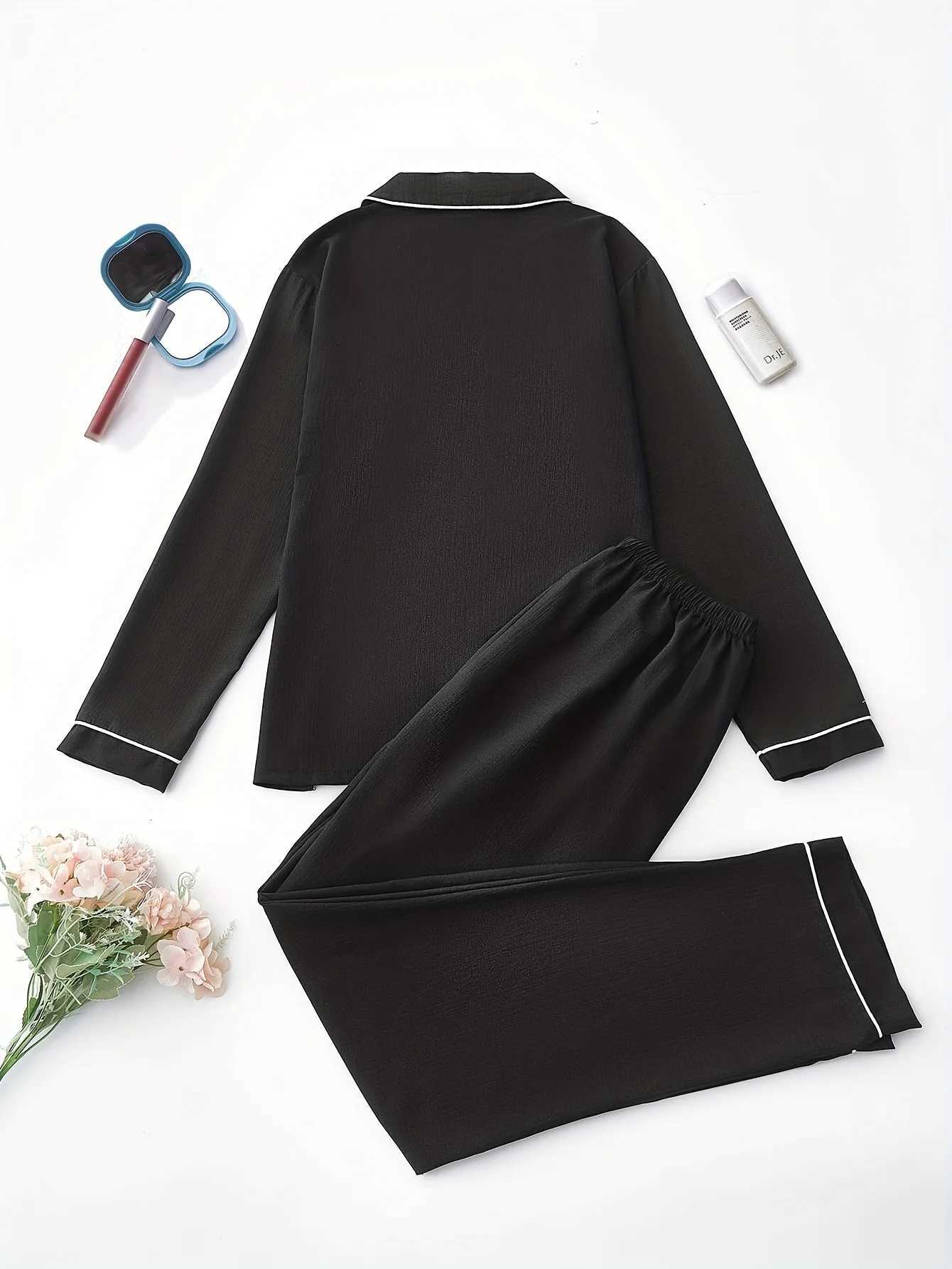 Women's Sleep Lounge Women's Long Sleeve Pajama Set - Casual Solid Color Buttoned Pocket Top with Long Pants Woven Polyester Adult Pajamas f - view 3