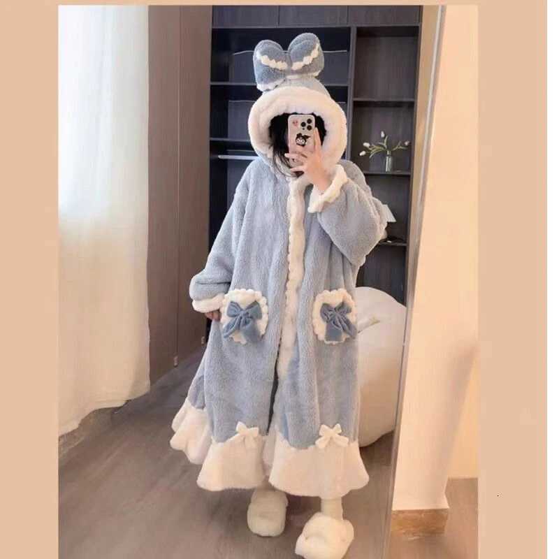 Sleep Lounge Women's Cozy Blue Women Sleepwear Bow Hooded Long Fleece Nightgown Thick Plush Loungewear Kawaii Winter Warm Homewear TopC260924