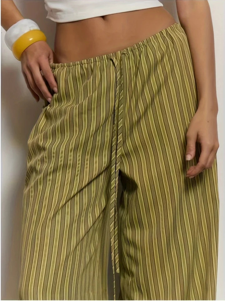 Womens Green Striped WideLeg Pants Summer Arrival Drawstring Elastic Waist Draping Casual Trousers Lazy Style FloorLe 260924 - view 5