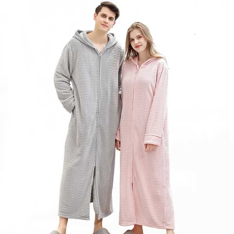Sleep Lounge Women's Autumn Winter Zipper Bathrobe for Women Men Hooded Nightgown Couple Thick Pajamas Flannel Ladies Long SleepwearC260924 - view 7