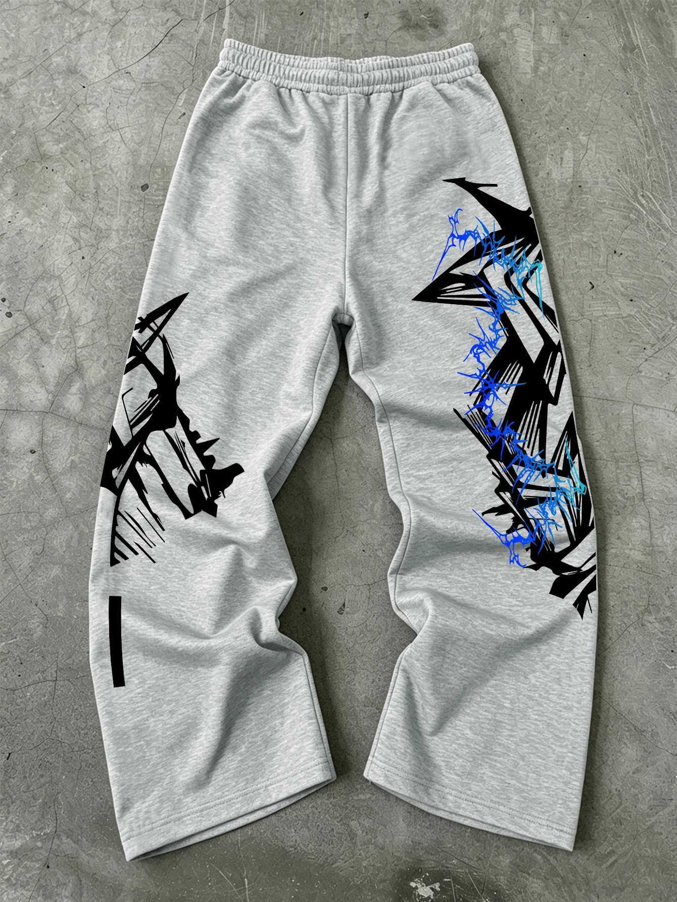 Men's Pants Y2K Abstract Blue Graffiti Geometric Print Mens Baggy Wide Leg Sweat Pants Loose Straight dr1 Hip Hop Street Joggers D260924 - view 6