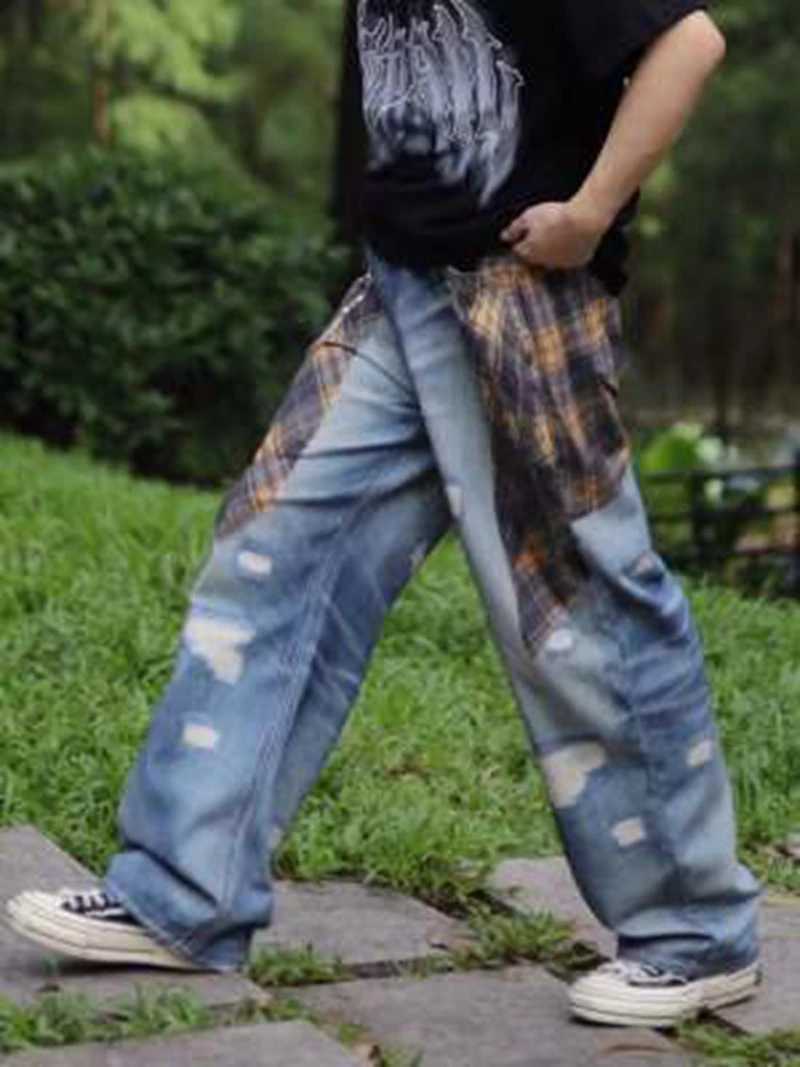 Men's Jeans Y2k Baggy Jeans Women Distressed Plaid Chain Holes 3d Print Low Rise Wide Leg Pants Fashion Hip Hop Streetwear Skater pants H260924 - view 3