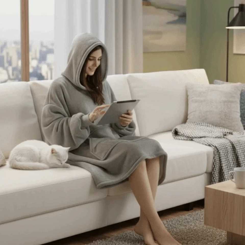 Lounge Women's Sleep European Style Warm Flannel Robe Oversize Long Sleeve Couples Wearable Robe with Pocket Comfortable Hooded Pajamas Autumn Wi - view 4