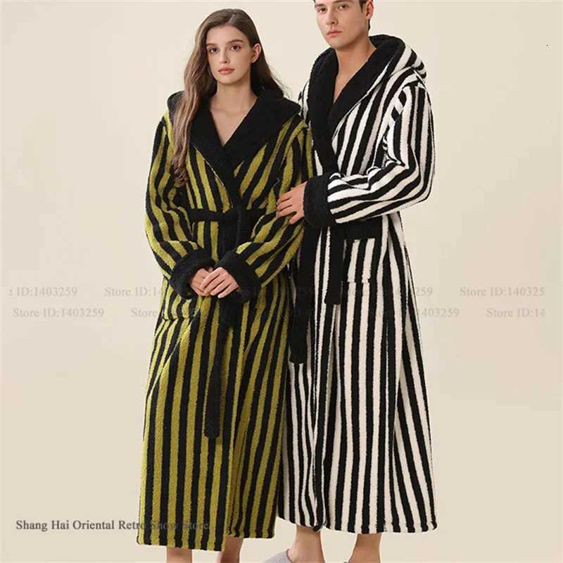 Lounge Women's Sleep Autumn Winter New Couple Long Robe Flannel Stripe Sleepwear Home Clothes Loose Hooded Bathrobe Nightwear Coral Fleece Lounge - view 5