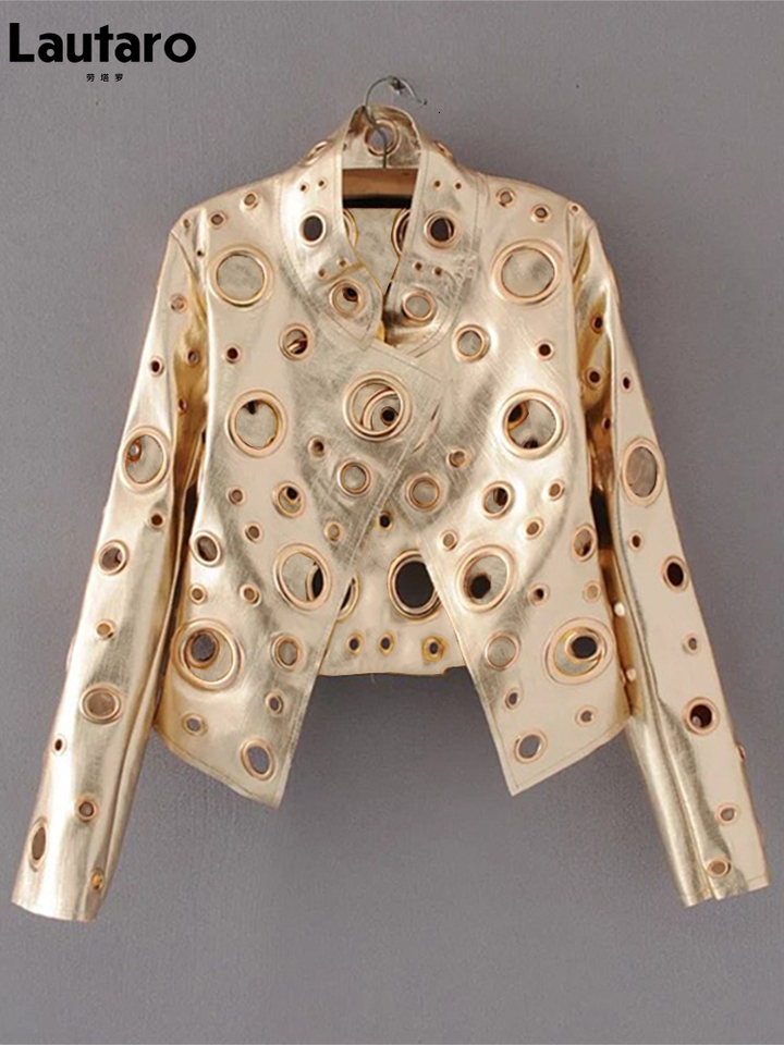 Lautaro Runway Cut Out Short Faux Leather Jacket Golden Rivet Cool Stylish Designer Clothes Women European American Fashion 2022 - view 5