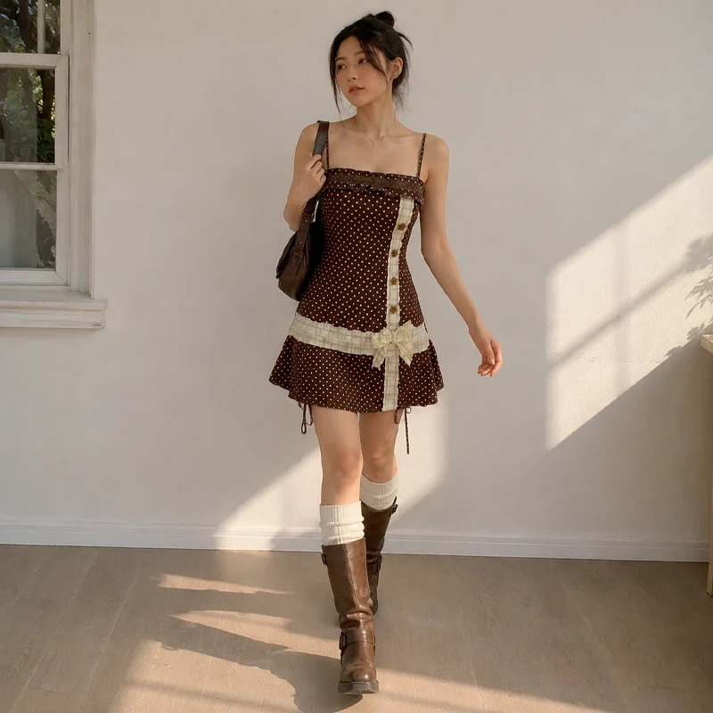 Womens Mini Dress Brown Polka Dot Spaghetti Strap Square Neck Bow Ruffle Trim A Line Y2K Summer Cute Casual Dress 260924 - view 6