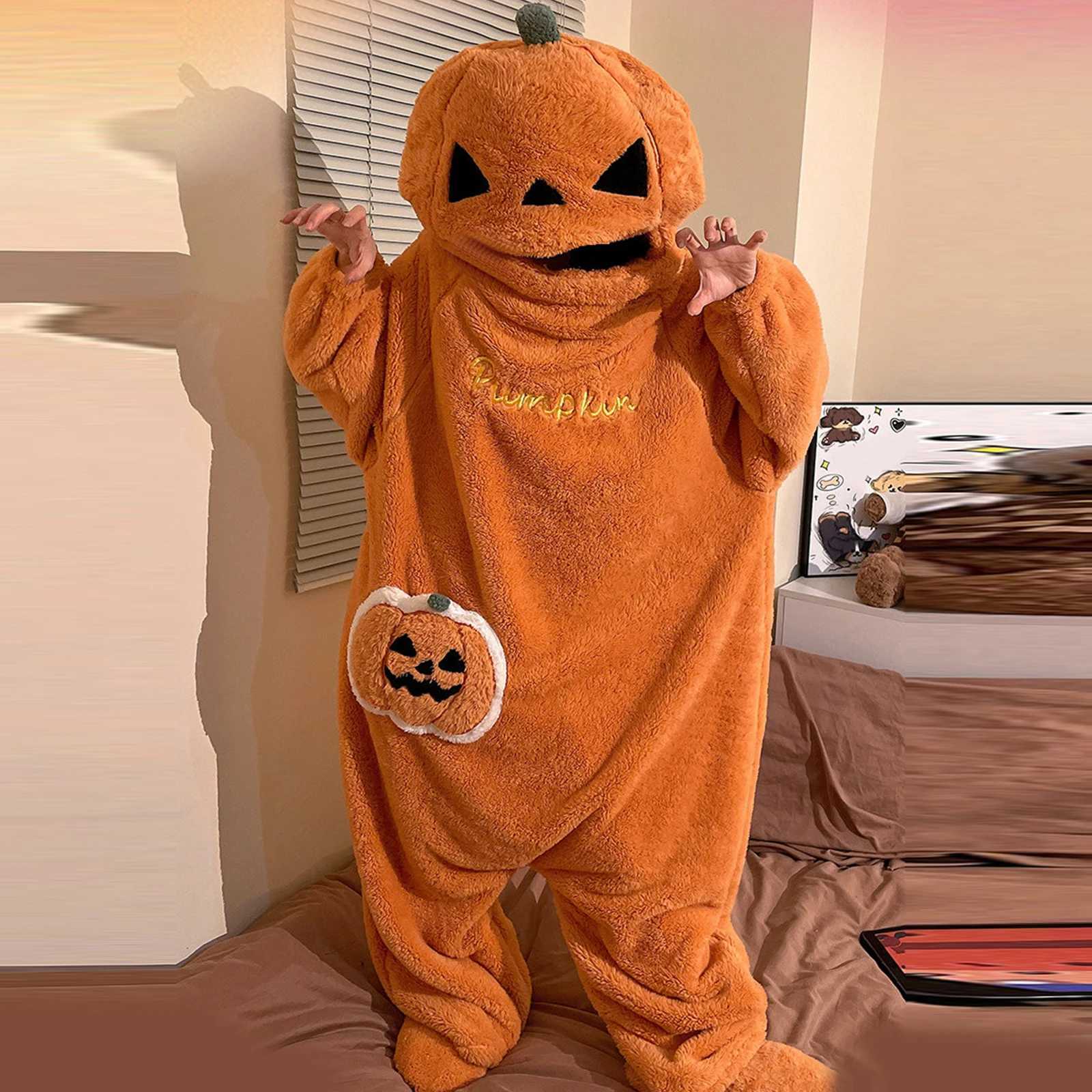 Sleep Lounge Women's Halloween Pumpkin Onesie for Women Fleece Lined Thick Warm Jumpsuit Cartoon Pajamas with ShoesC260924