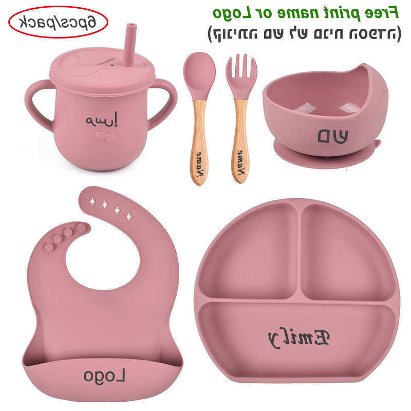Baby Feeding Other 6Pcs/4Pcs Baby Feeding Set Silicone Tableware Custom Personalized Name Suction Plate Bowls Spoon Fork Bib First Stage Self Feed C26