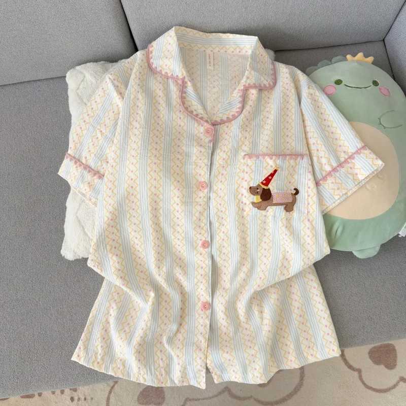 Women's Sleep Lounge New Spring Autumn Stripes Homwear Dachshund Embroidery Pajamas Women's Pajamas Collared Short-Sleeved Casual 3 Piece Pa - view 4