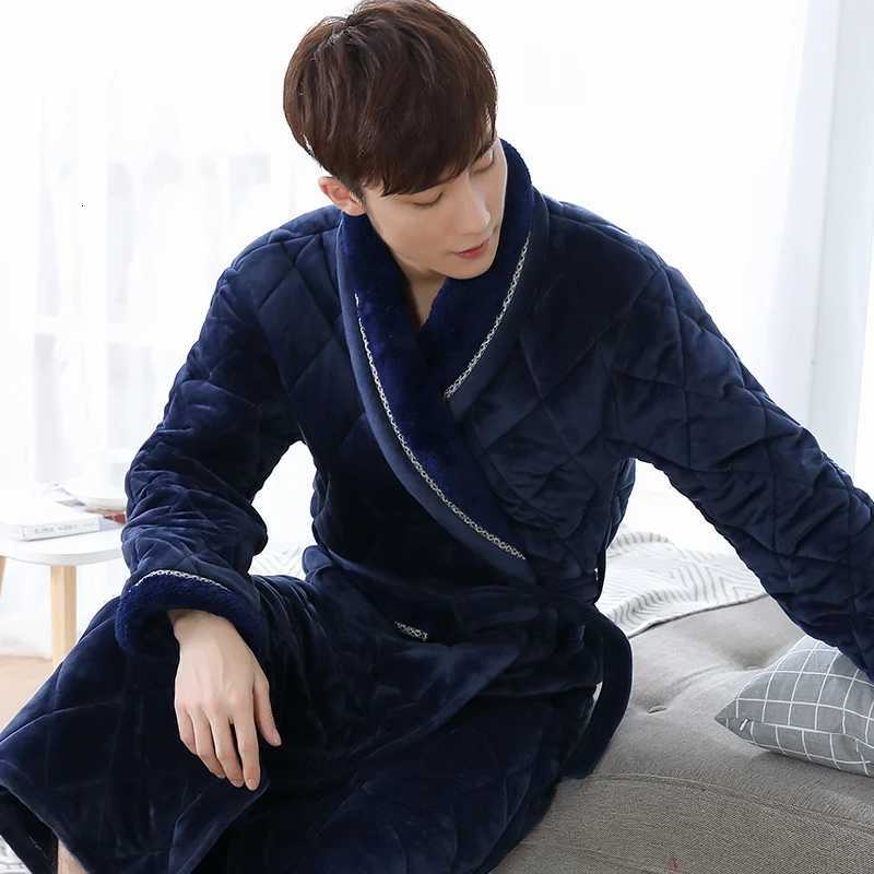Sleep Lounge Women's Winter Long Robe For Male Three Layers Quilted Bathrobe Thick Flannel Sleepwear Big Yards XXXL Kimono Bathrobes Mens Warm Lo - view 4