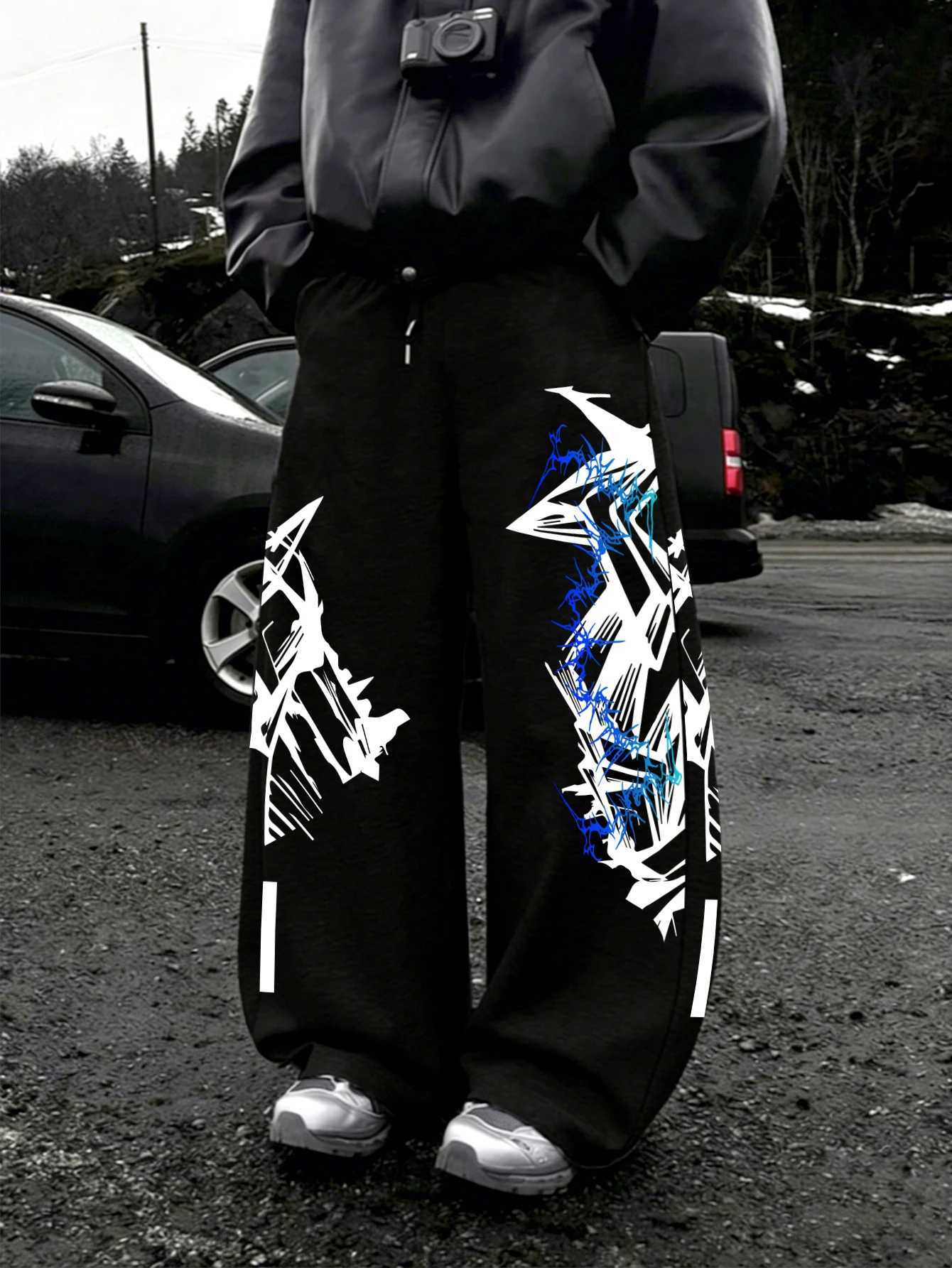 Men's Pants Y2K Abstract Blue Graffiti Geometric Print Mens Baggy Wide Leg Sweat Pants Loose Straight dr1 Hip Hop Street Joggers D260924 - view 4