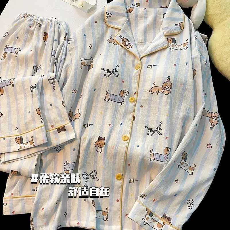 Women's Sleep Lounge Women's Thin Pajama Set Long Sleeve Printed Embroidered Loose Fit Sweet Style Home Clothing Pants H260924