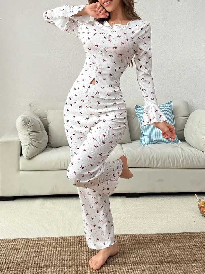 Women's Sleep Lounge Women's Ribbed Knit Pajama Set Long Sleeve Ruffle Cuff Bow Print Soft Loungewear H260924 - view 7
