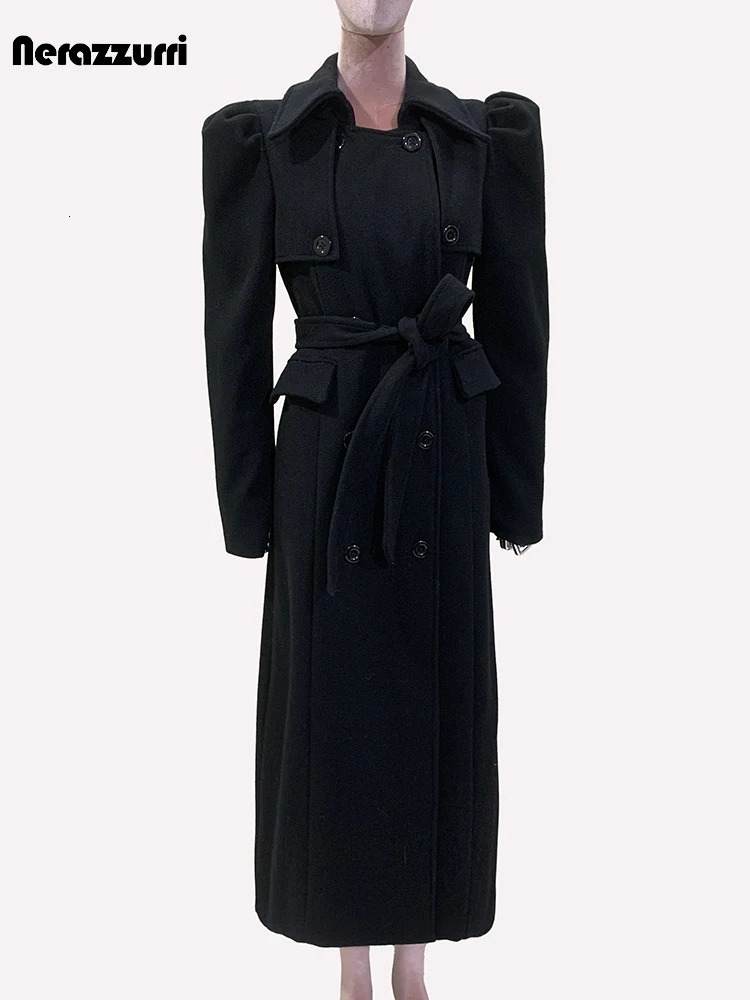 Nerazzurri Autumn Winter Long Black Elegant y Fitted Woolen Coat Women Puff Sleeve Double Breasted Wool Blends Overcoat 260911 - view 5