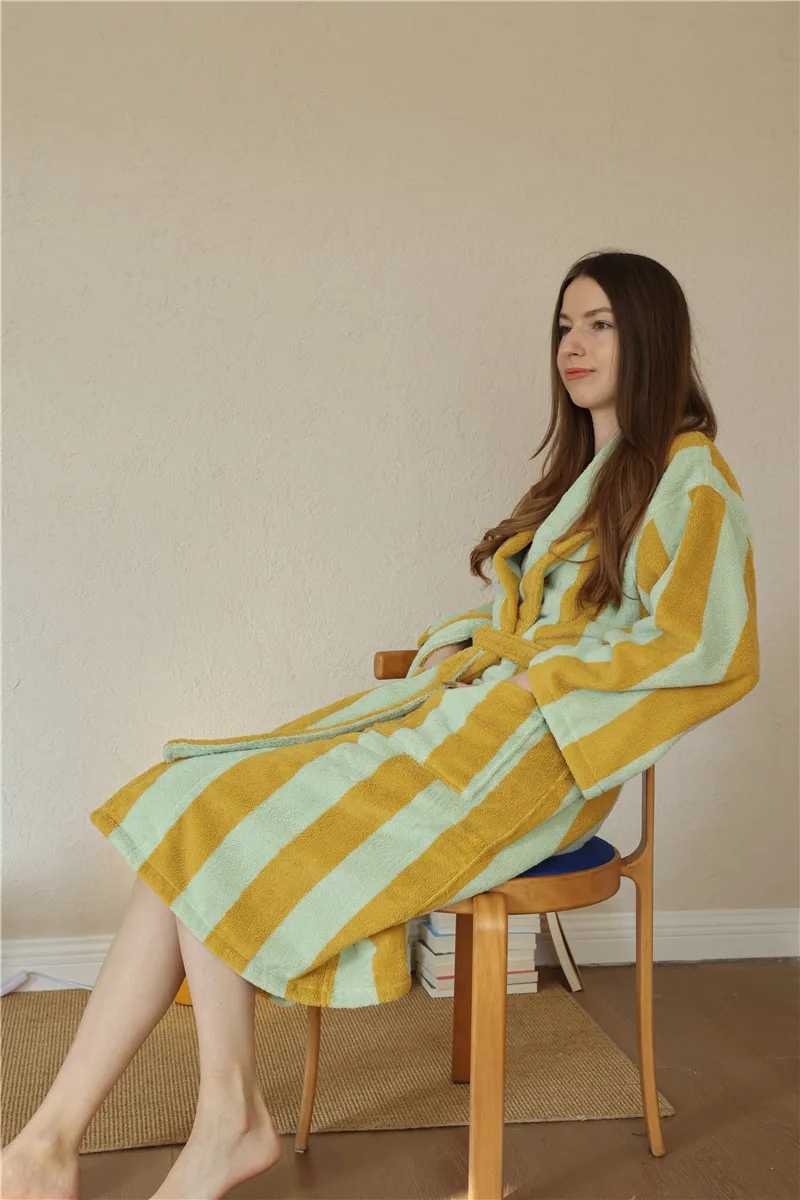 Lounge Women's Sleep Cute Striped Cotton Bathrobe Super Soft Absortion Hooded Loose bath Robe Coat Towel V Neck warm Sleepwear Robes Women Homewe - view 3