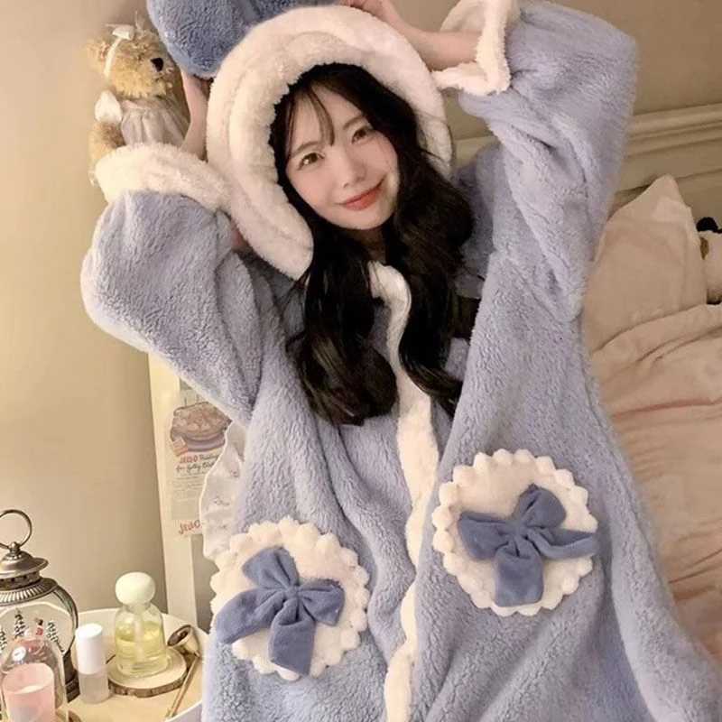 Sleep Lounge Women's Cozy Blue Women Sleepwear Bow Hooded Long Fleece Nightgown Thick Plush Loungewear Kawaii Winter Warm Homewear TopC260924 - view 7