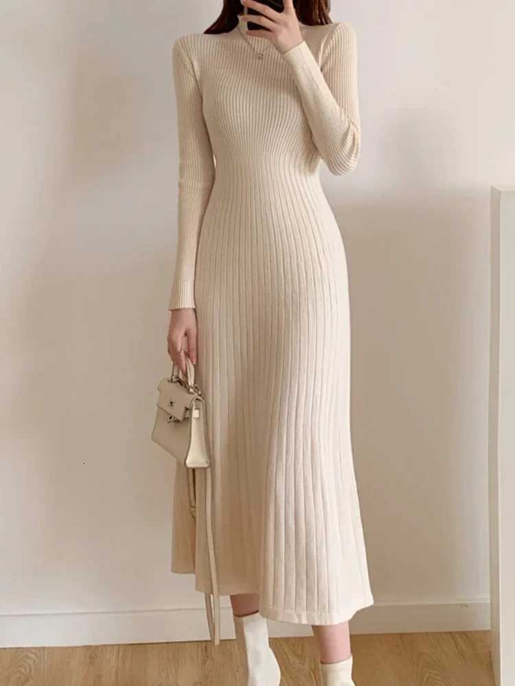 Lounge Women's Sleep Autumn Winter 2024 Slim Long Sleeve Party Midi Dress for Women Knitted Half High Collar Elegant Knitted Sweater Dresses Ladi