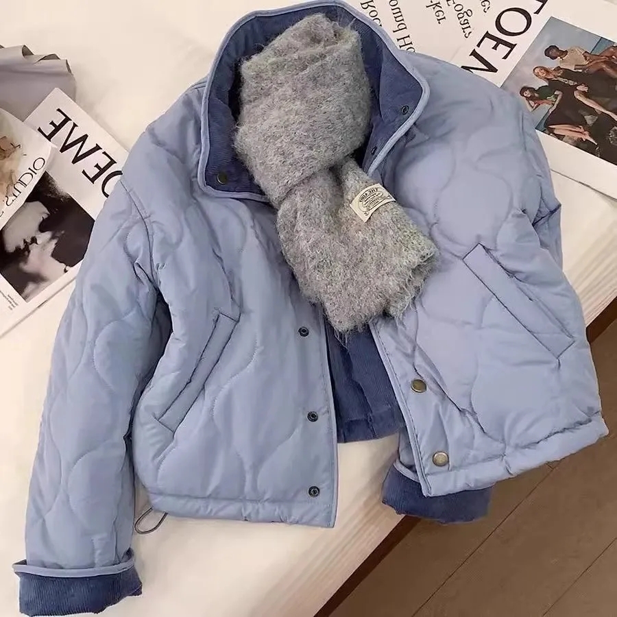 Korean Style Blue Corduroy Loose Fit Jacket Women's Autumn Winter Anti-Aging Design Casual Warm Cotton Padded Outerwear - view 4