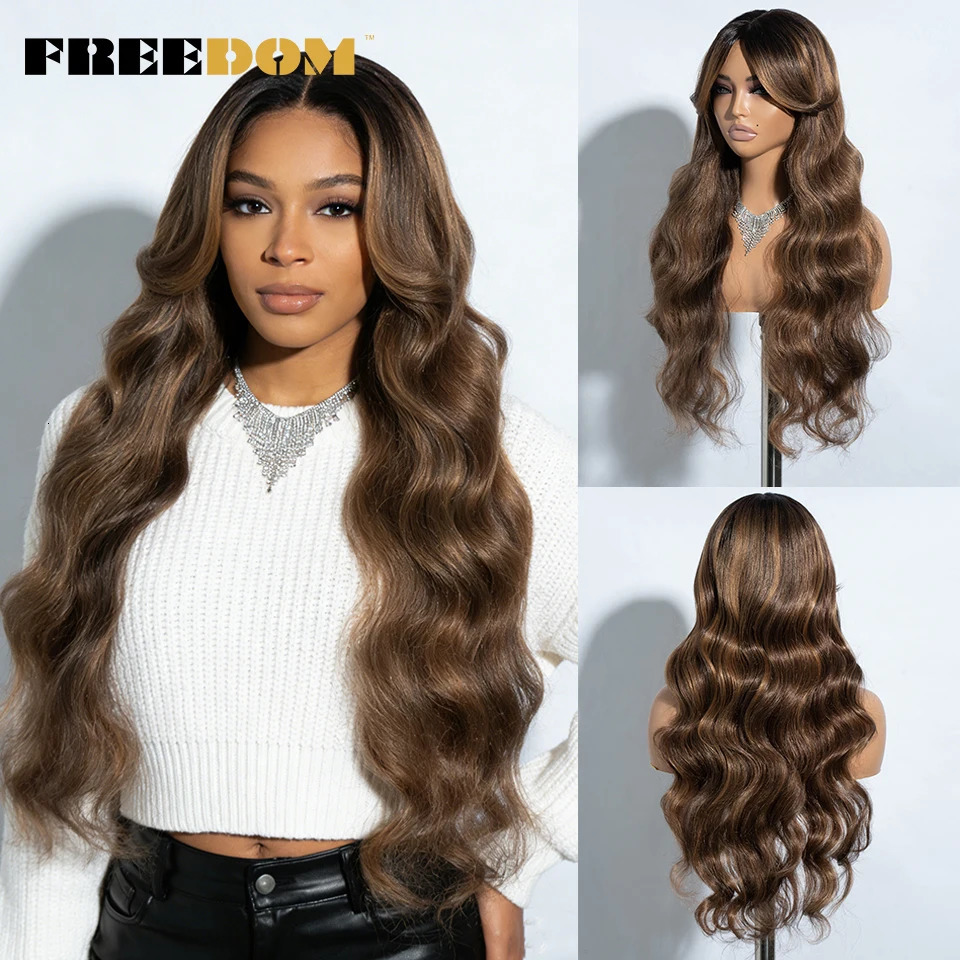FREEDOM Synthetic Lace Wigs For Black Women 28inch Long Body Wave Middle Part Lace Wig With Bangs Ombre Blonde Brown Cosplay Wig 260922