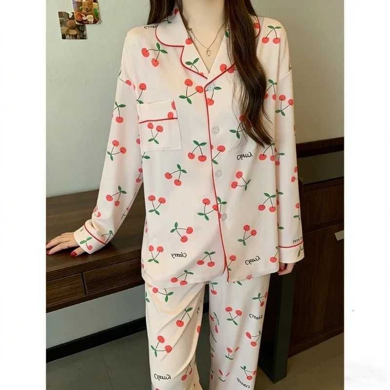 Women's Sleep Lounge Sweet Cute Korean Style Cherry Letter Print Women's Pajamas Set Causal Homewear 2PCS/Set Women Lapel Neck Long-Sleeved  - view 4