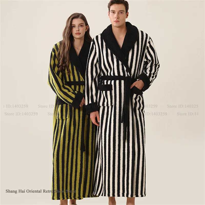 Lounge Women's Sleep Fashion Stripes Flannel Couple Long Robe Sleepwear Winter Warm Women Nightgown Bathrobe Loose Thick Coral Fleece Homewear Pa - view 4