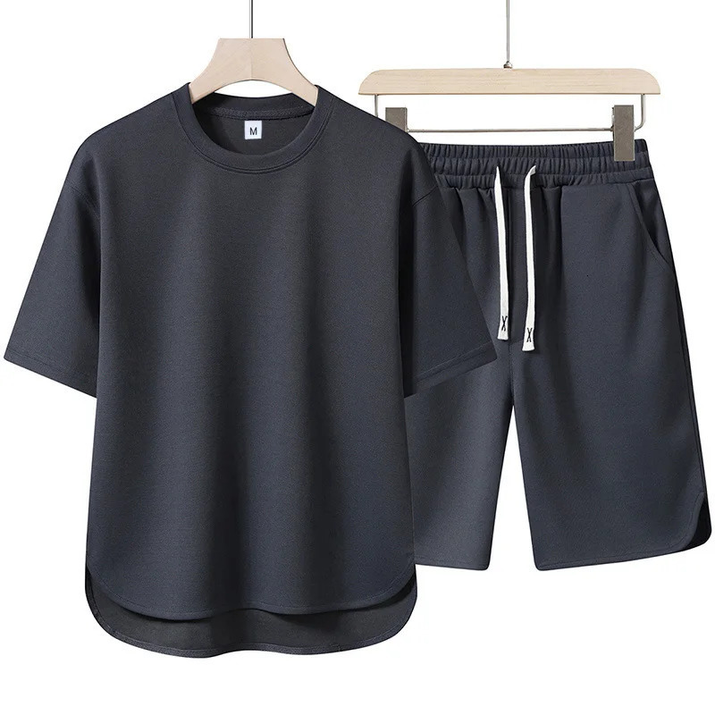 Men Solid Color Casual Tracksuit Set Loose Curved Hem Short Sleeve TShirt Drawstring Elastic Waist Shorts Street Sports 260911 - view 4