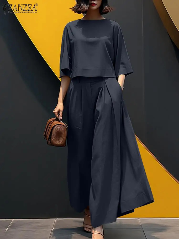 ZANZEA Summer Pant Sets Fashion Matching Women Three Quarter Sleeve ONeck Side Pockets Top 2PCS Blouses Long Wide Leg 260928 - view 4