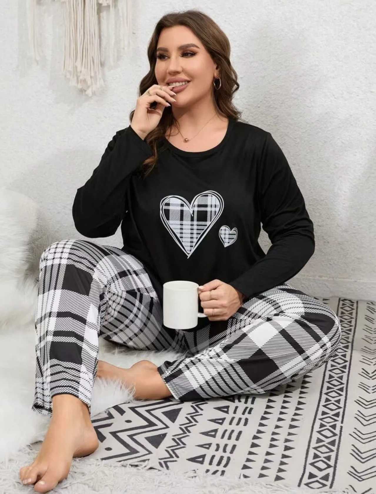 Women's Sleep Lounge Fashionable Plus Size Women's Heart Print Pajama Set Long Sleeve Tops And Soft Elastic Pants Perfect For Summer Loungew - view 6