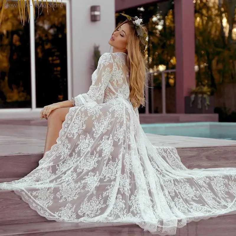 Lounge Women's Sleep White Lace Sheer Long Nightgown Women's Bridesmaid Robe Sexy Kimono Style Sleepwear Femme Bathrobe Bride Sexy Lingerie 