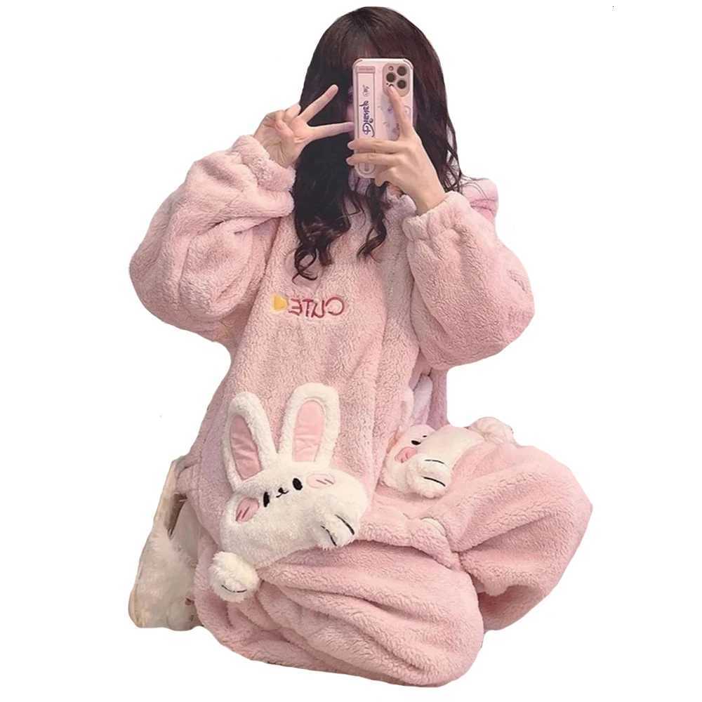 Lounge Women's Sleep Thick Warm Flannel Winter Adult Animal Onesie Pajamas Pink Rabbit Sweet Lovely Women Cosplay Costume Sleepwear One-Piece Pyj