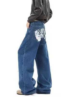 Men's Jeans Vintage American Style Blue Pocket Full Printed Y2K Jeans Couple Classic Baggy Straight Wide-leg Pants Ripped Jeans H260924 - view 4