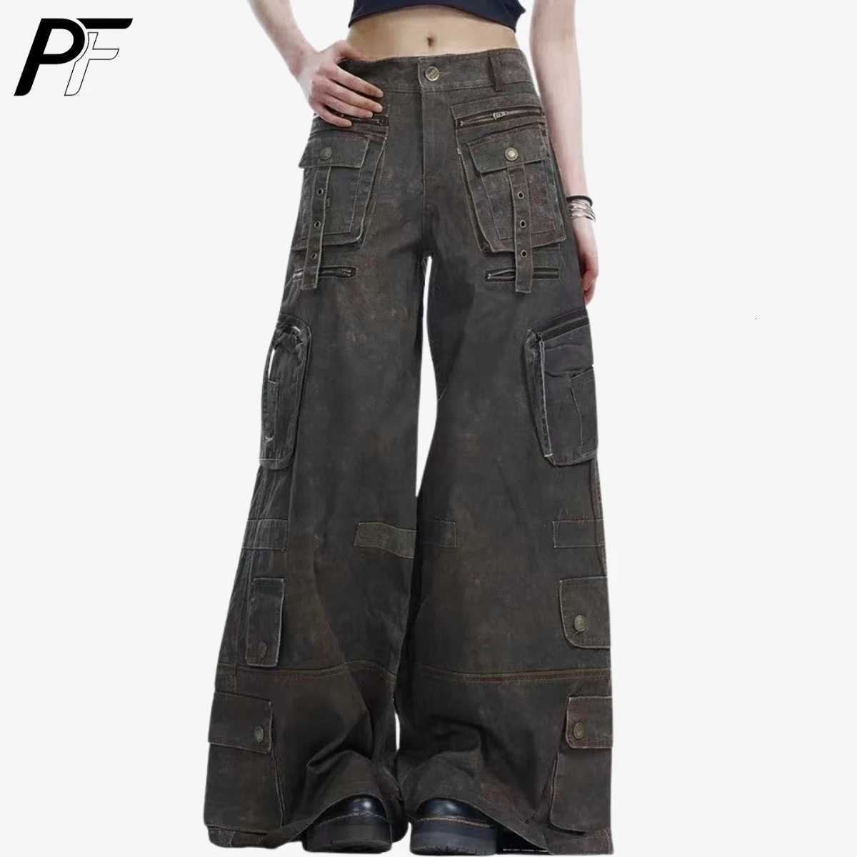 Men's Jeans Grunge Techwear Wide Leg Cargo Pants Y2K Utility Trouser with Multi Pockets High Waist Vintage Streetwear Denim Jeans Daily Wear H260 - view 3